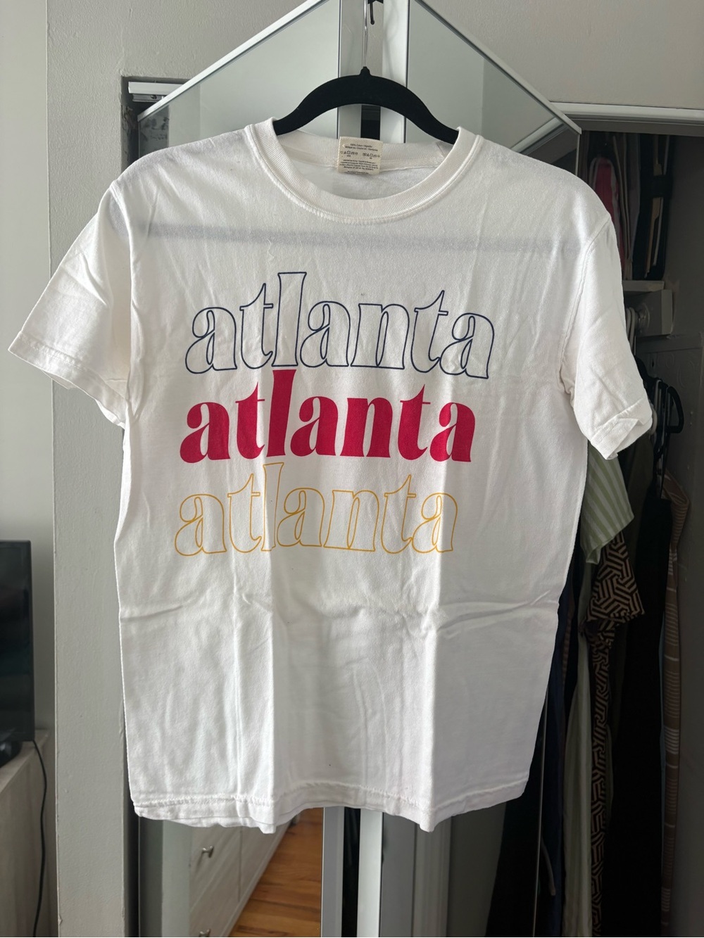 Comfort Colors White Tee with Blue, Red & Yellow Atlanta Print